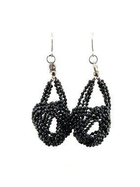 Vintage Black Faceted Beaded Dangle Earrings Iridescent Multistrand Drop